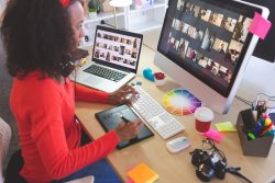 lady putting pictures and multimedia on website
